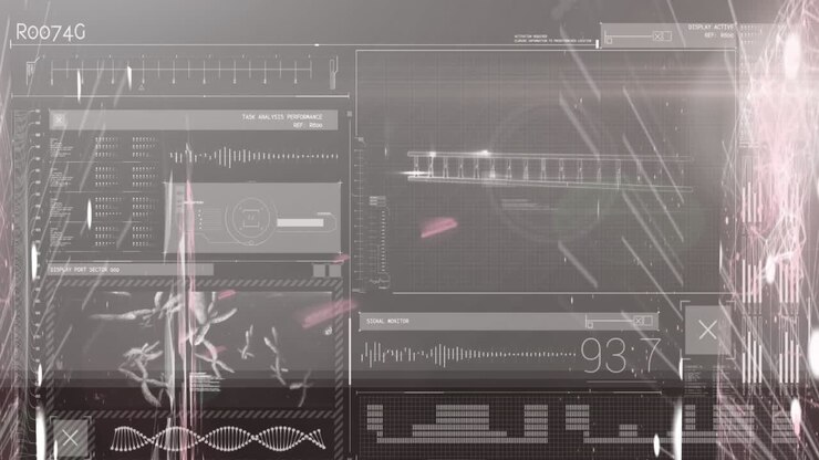 Animation of interface with medical data processing against light spot on grey background