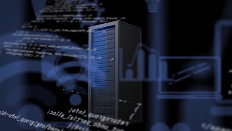 animation of data processing and media icons over servers