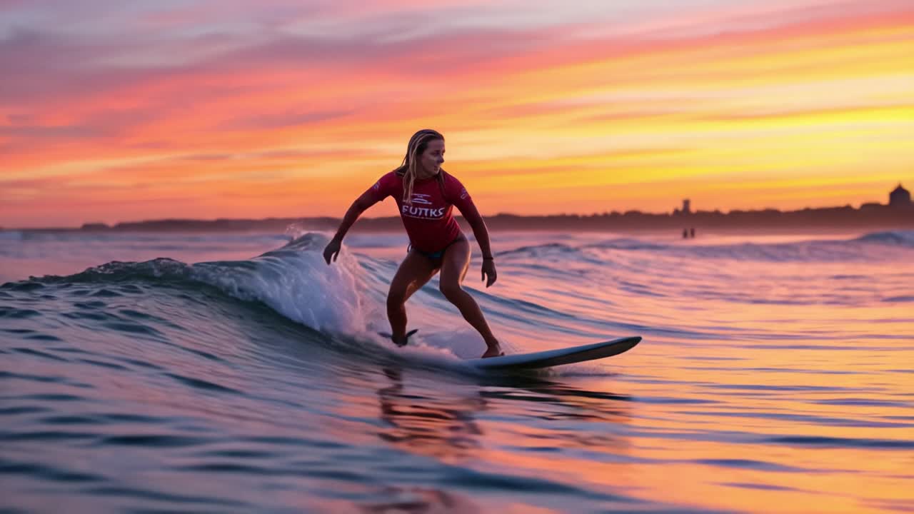 Acrobatica serale dinamica di surf con un surfista esperto che cavalca le onde sullo sfondo di un tramonto mozzafiato