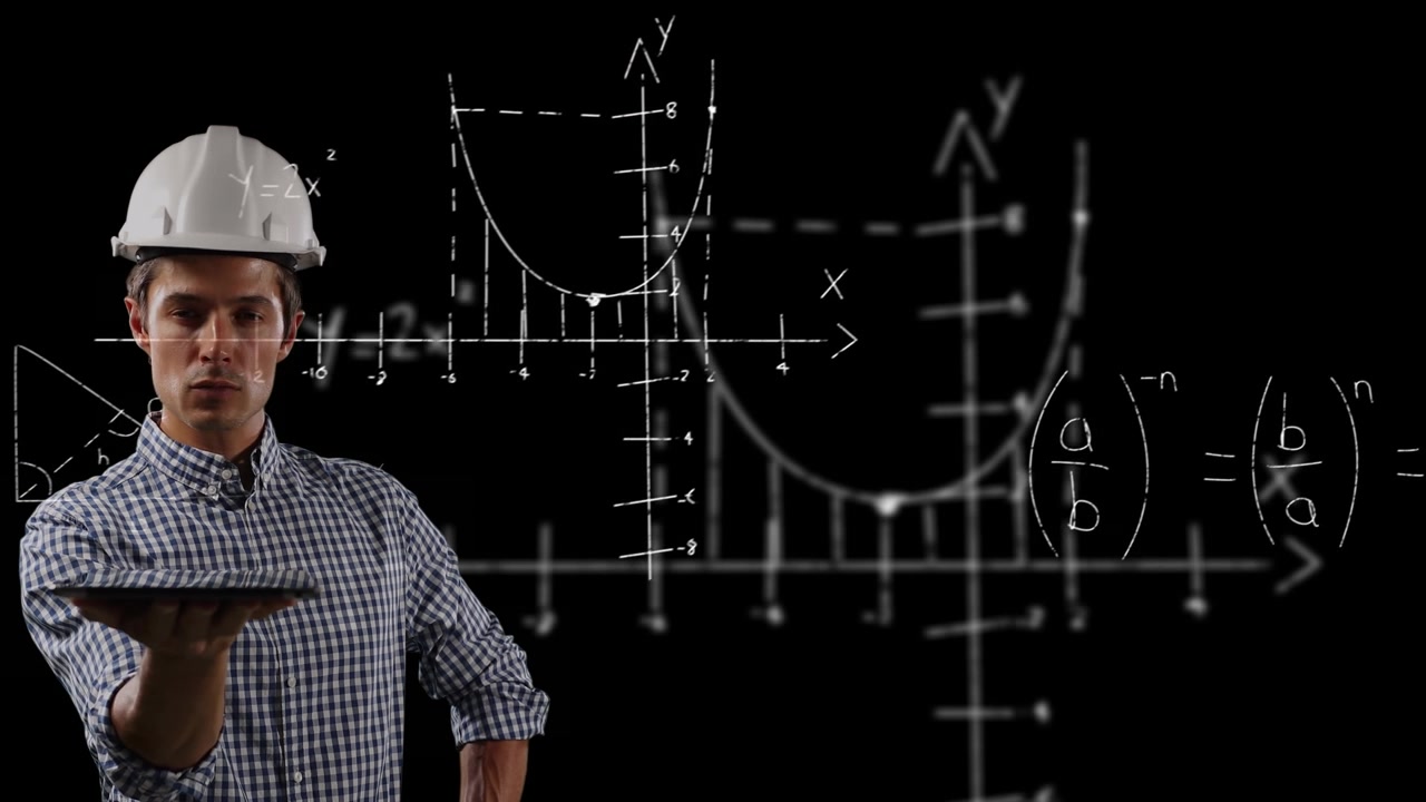 Animazione di equazioni matematiche su un lavoratore maschio caucasico con un tablet.