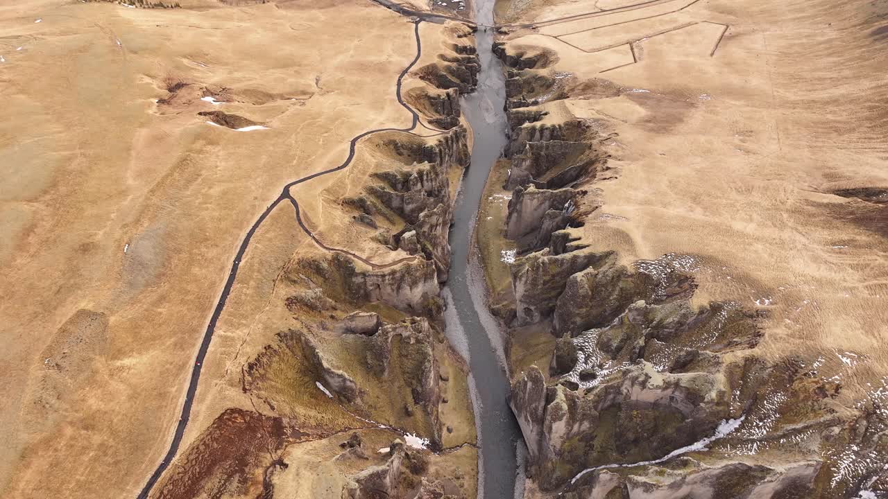 narrow canyon river aerial Fjaðrárgljúfur Kirkjubæjarklaustur Iceland