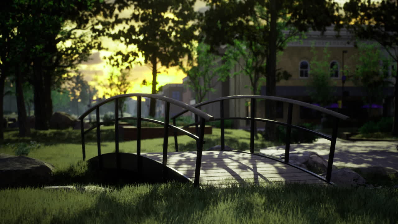 Serene park bridge at sunset with lush greenery and gentle lighting