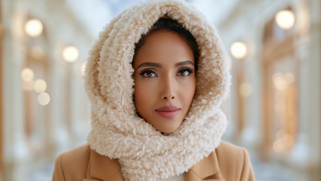 Ritratto Accattivante di una Donna con una Sciarpa Color Crema Accogliente, che Enfatizza Bellezza e Serenità in un Ambiente Elegante, Perfetto per Mostrare la Moda e lo Stile Moderni