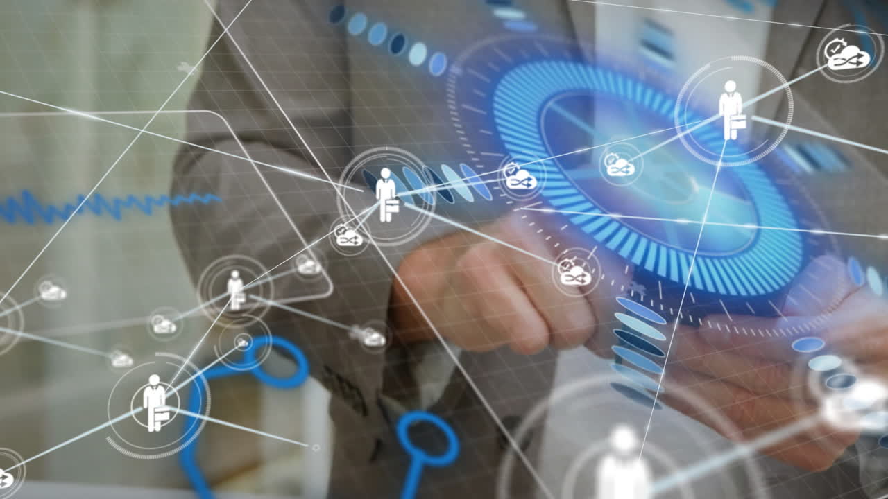 Business professional interacting with digital animation and data visualization graphics