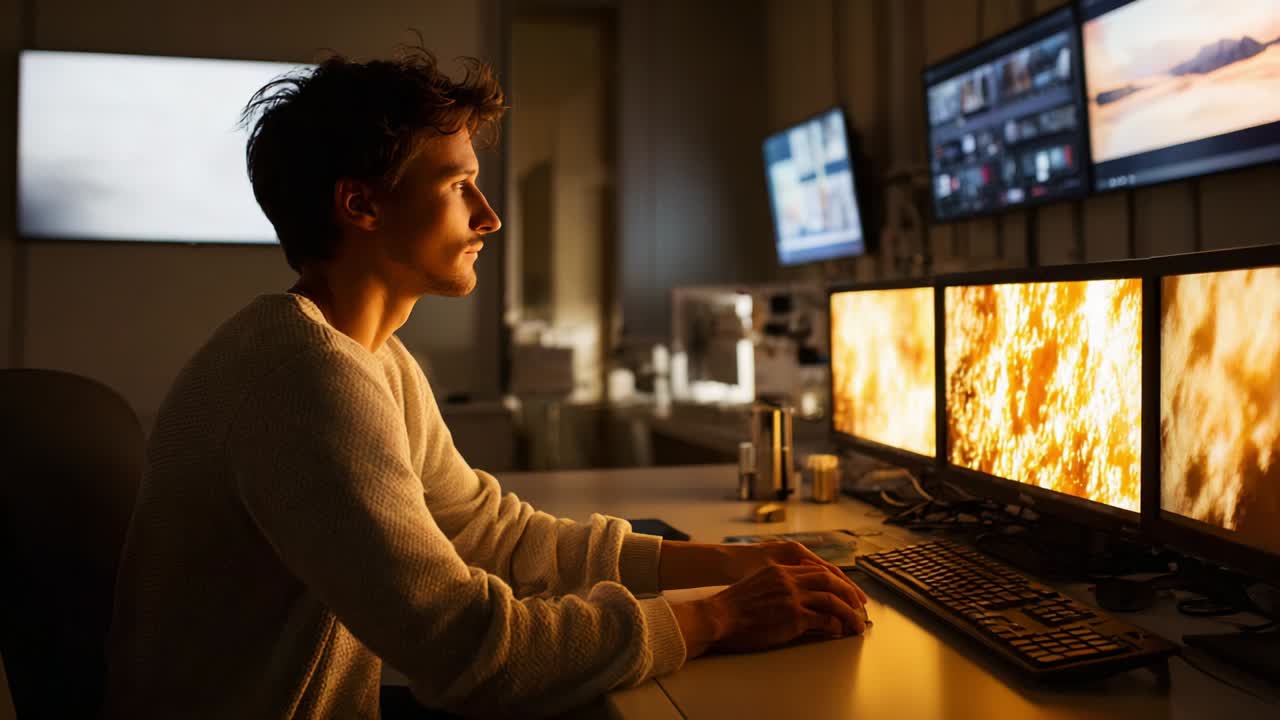 A focused individual engages with multiple screens displaying vibrant visuals, immersed in a world of digital information and creativity, highlighting modern technology's impact on concentration and visualization