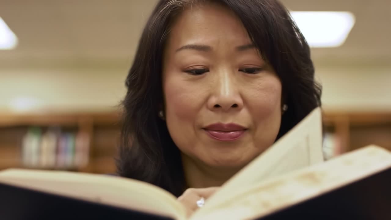 A Woman's Reflective Journey Through Literature: Exploring the Depths of Knowledge and Imagination Within the Pages of a Book in a Library Setting