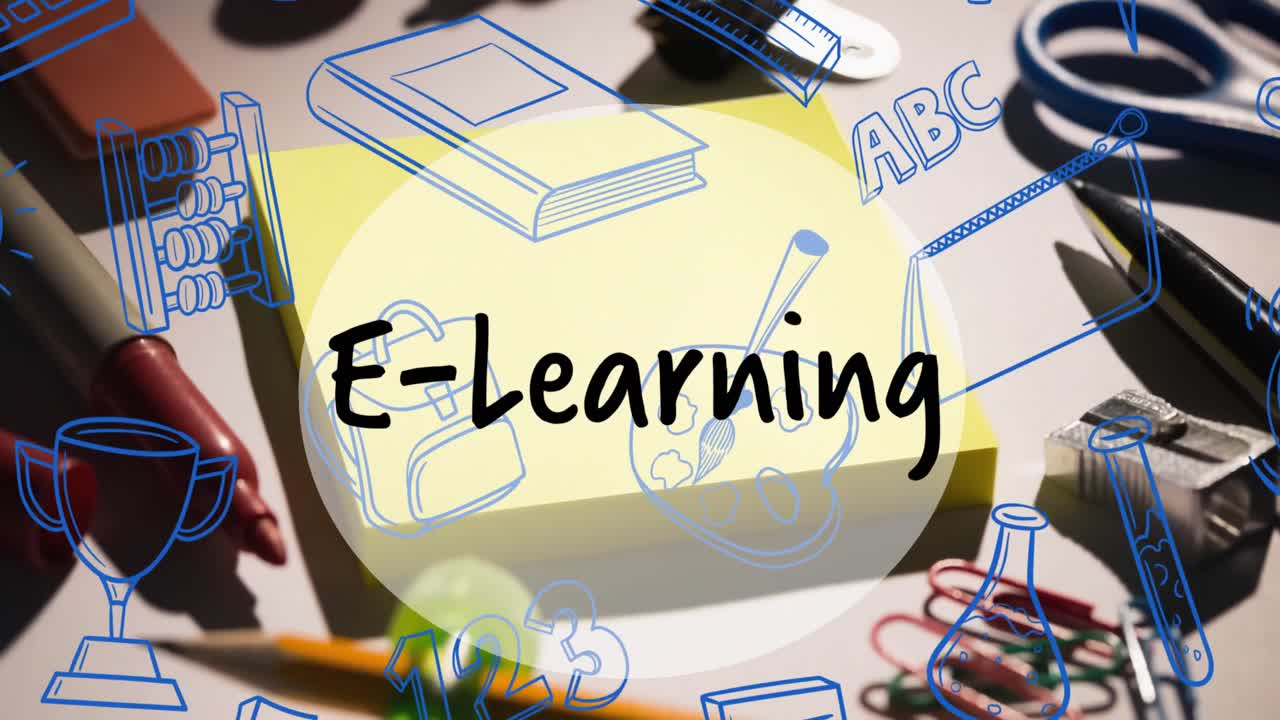 animación del texto de aprendizaje electrónico sobre los iconos de los artículos escolares y el escritorio