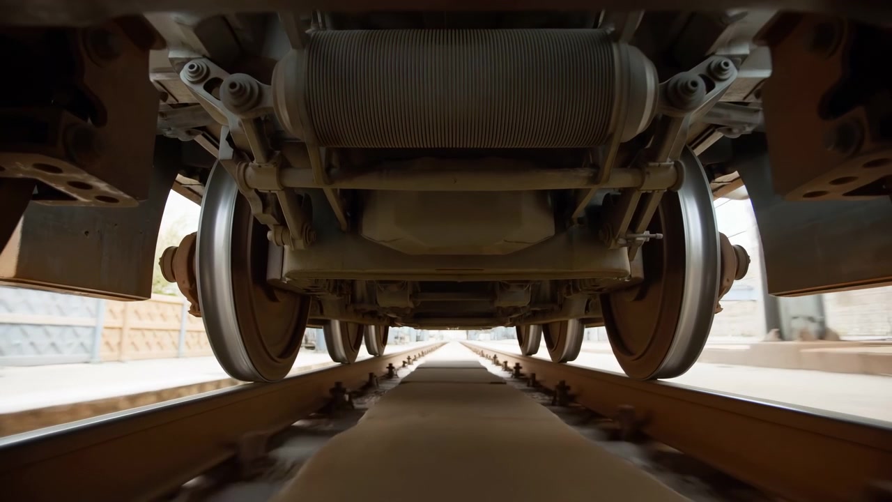 Low viewpoint beneath freight train bogie shows paired wheelsets, axles, suspension parts, brake rigging, track, and worn metal surfaces with industrial textures, symmetry, depth, and subtle movement