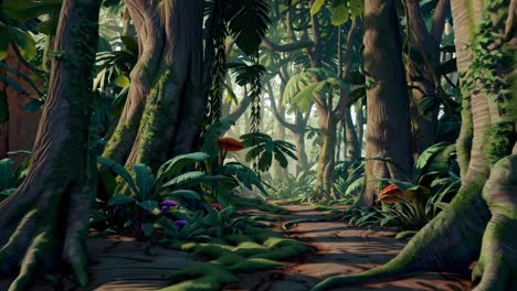 a lush jungle scene with vibrant foliage and towering trees, captured from a low-angle