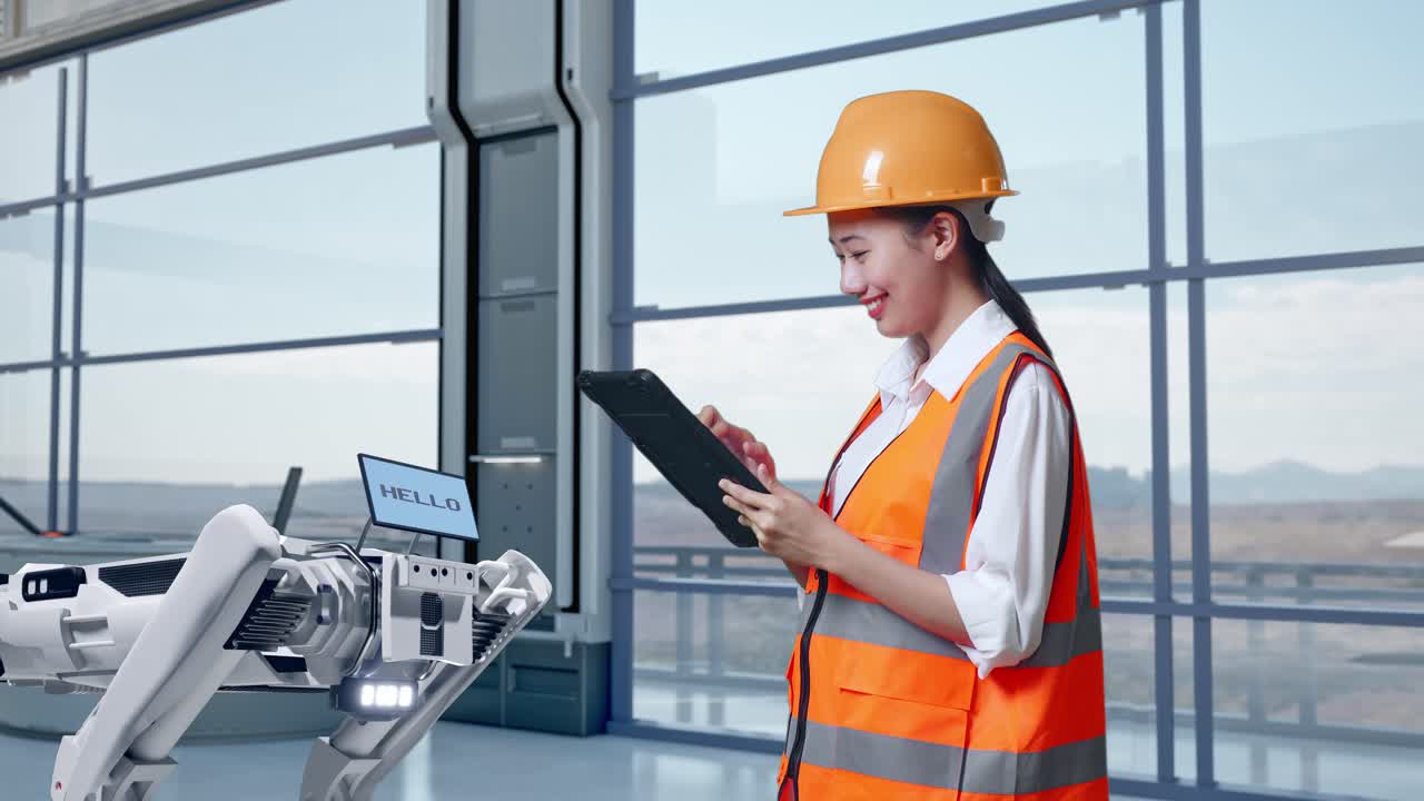 vista lateral de una ingeniera asiática con casco de seguridad trabajando en una tableta mientras está de pie en una fábrica de alta tecnología, analizando el concepto de máquina robótica