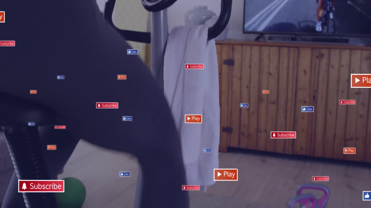 텔레비전을 보면서 자전거를 타는 백인 여성에 대한 알림 바의 애니메이션