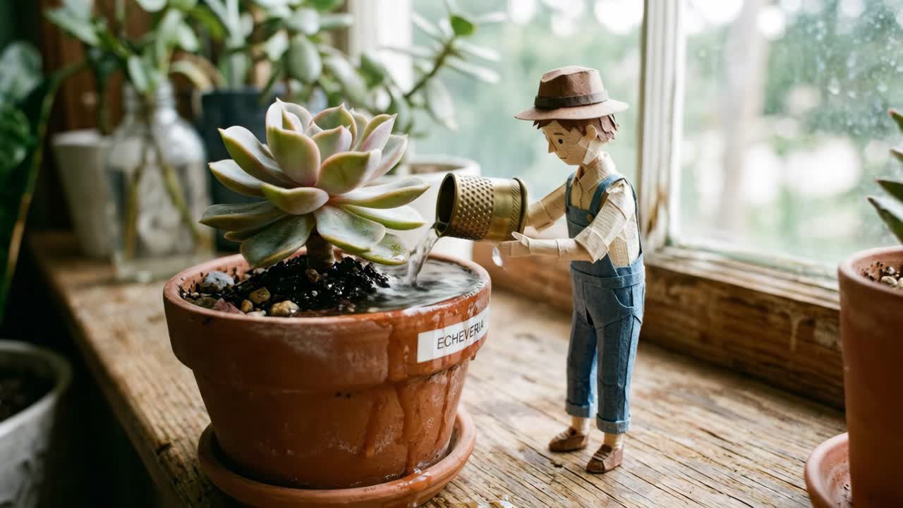 Animazione in stop motion di una figura di carta che annaffia una pianta succulenta