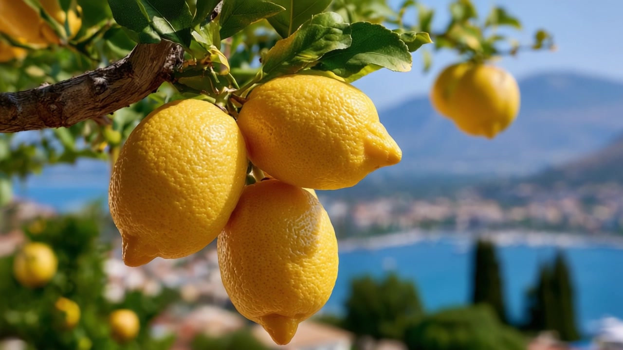 Limoni Giallo Vivace Appesi a un Ramo che Si Affaccia su un Paesaggio Panoramico con Acque Blu e Colline sullo Sfondo