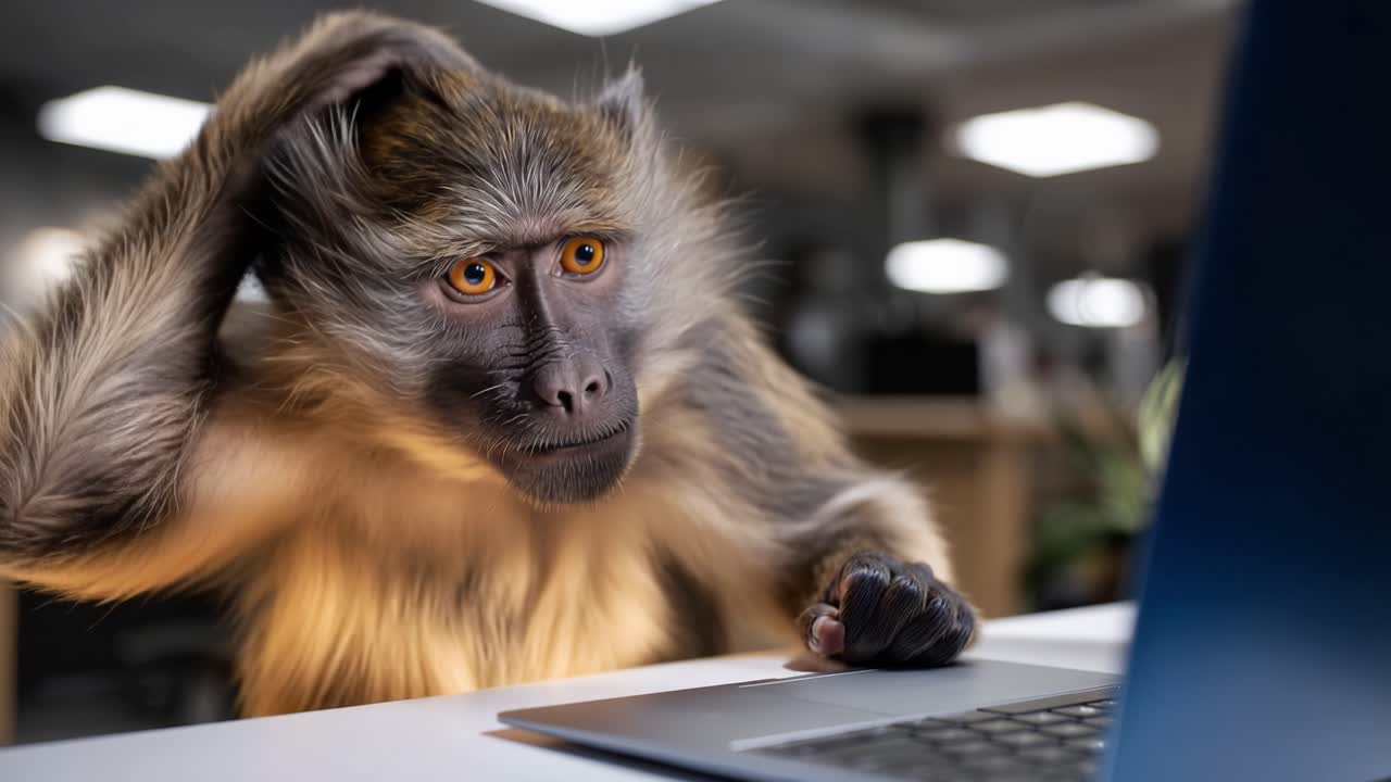 Una scimmia digita al laptop con intensa concentrazione. I suoi occhi brillano di determinazione. Le luci dell'ufficio si riflettono sulla sua pelliccia. Ha un'espressione seria e concentrata. Ottimo per temi di tecnologia, lavoro o produttività.