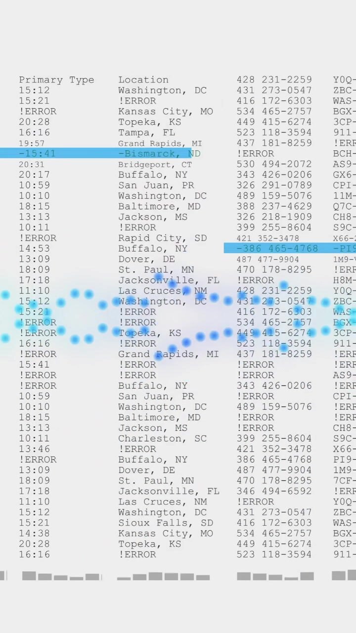 Processing data animation over spreadsheet with numerical and textual information