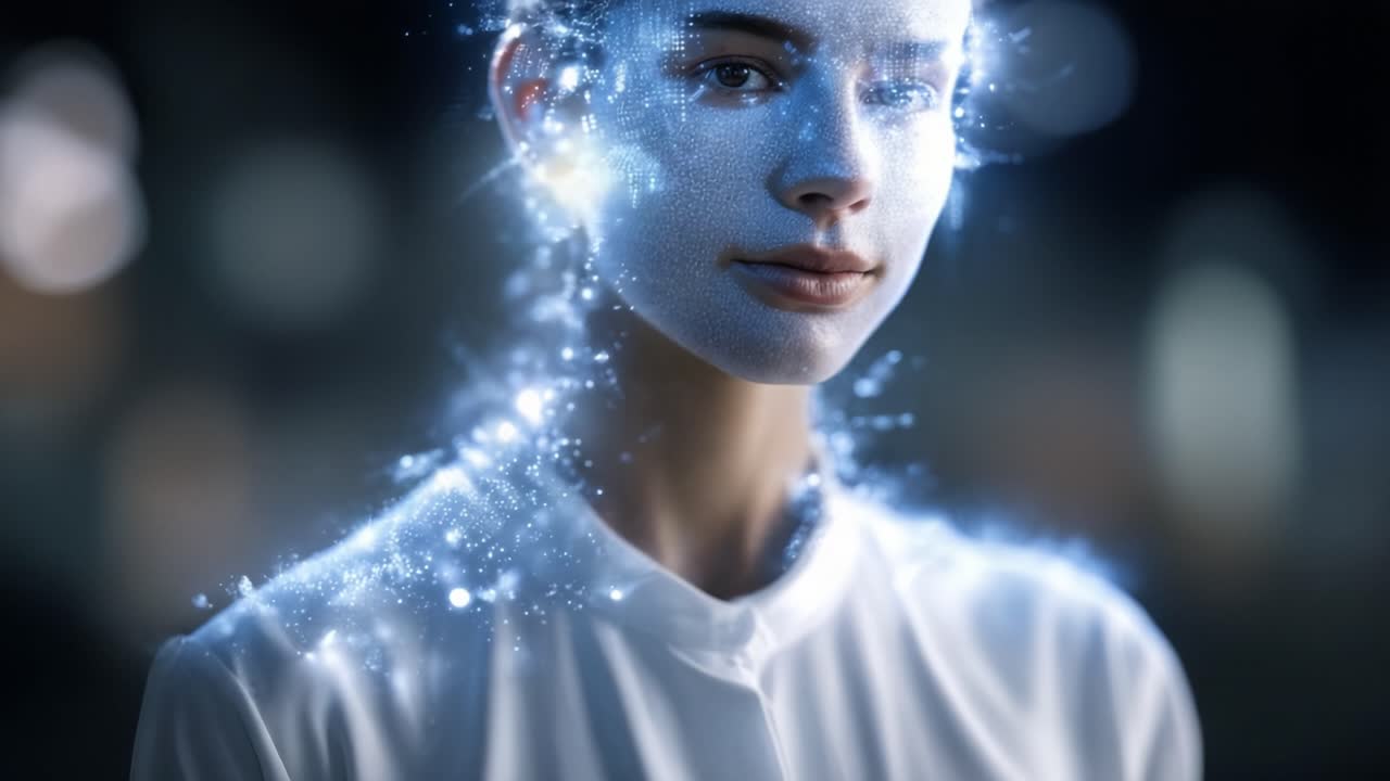 辉光蜕变：在迷人的年轻女性抽象肖像中，探索人类情感与数字进程的交汇