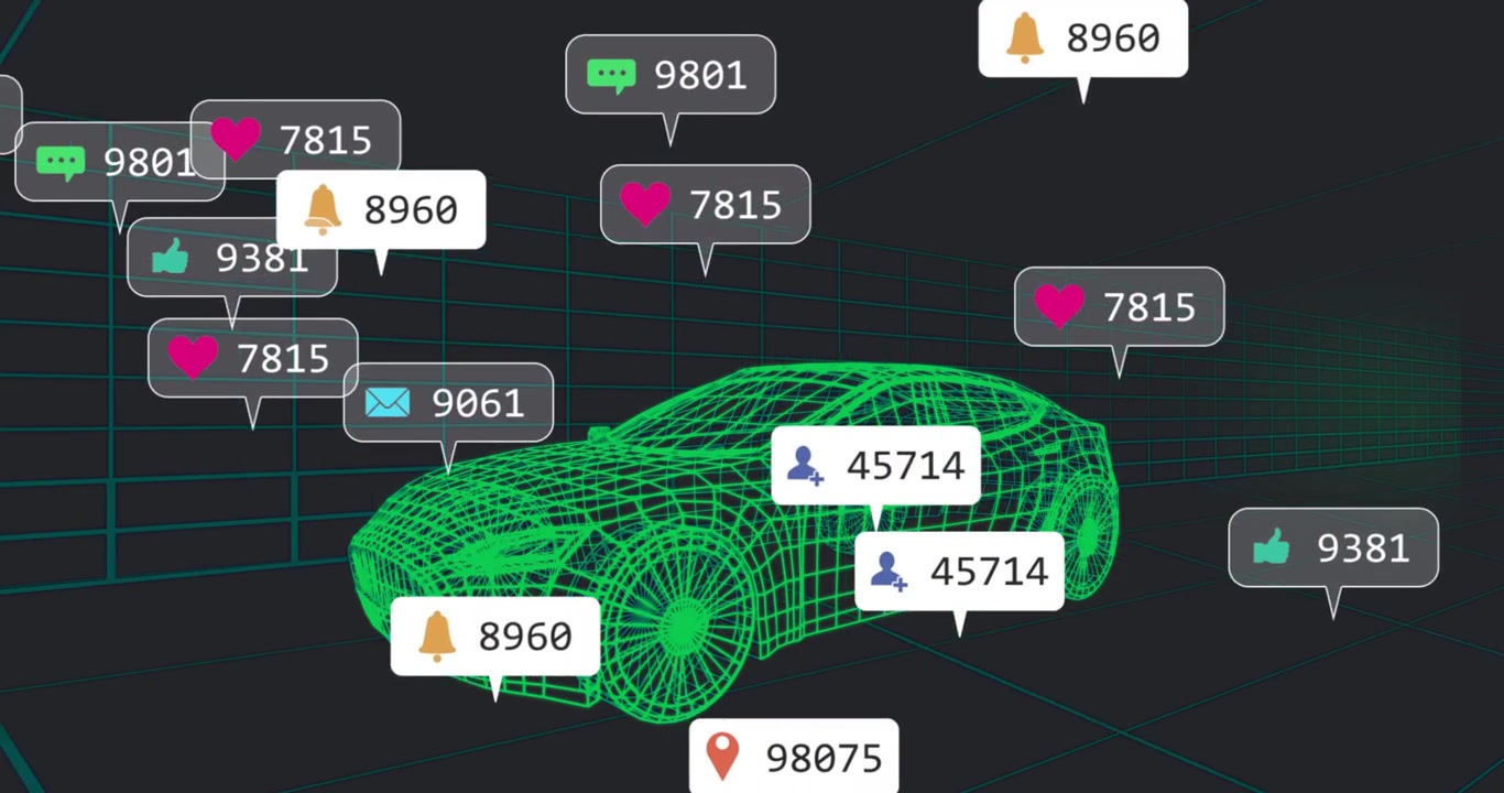 Animazione di un modello di auto digitale con icone di notifica dei social media intorno ad esso.