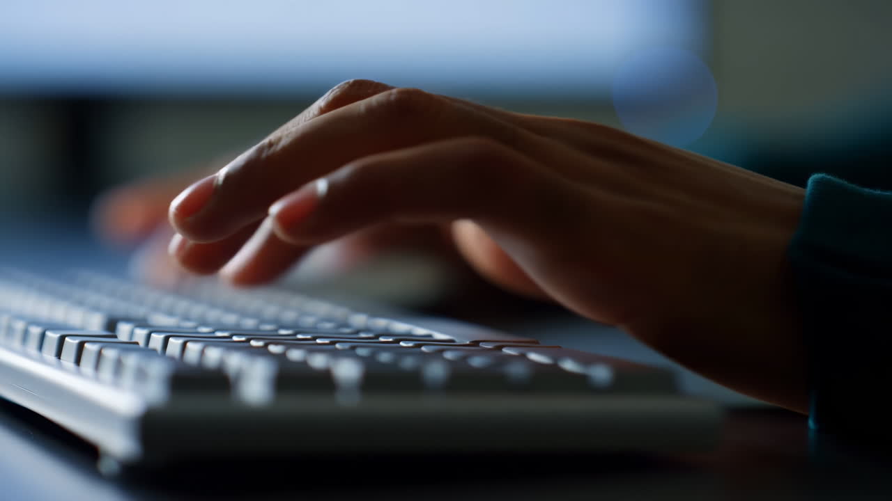 Primo piano mani che digitano sulla tastiera in luce blu fioca, programmatore al lavoro nell'ufficio di casa a tarda notte con concentrazione.