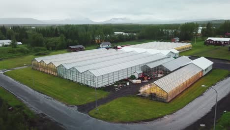 drone aerial establishing shot of an iceland greenhouse using geothermal hot water to grow fruits and vegetables 1