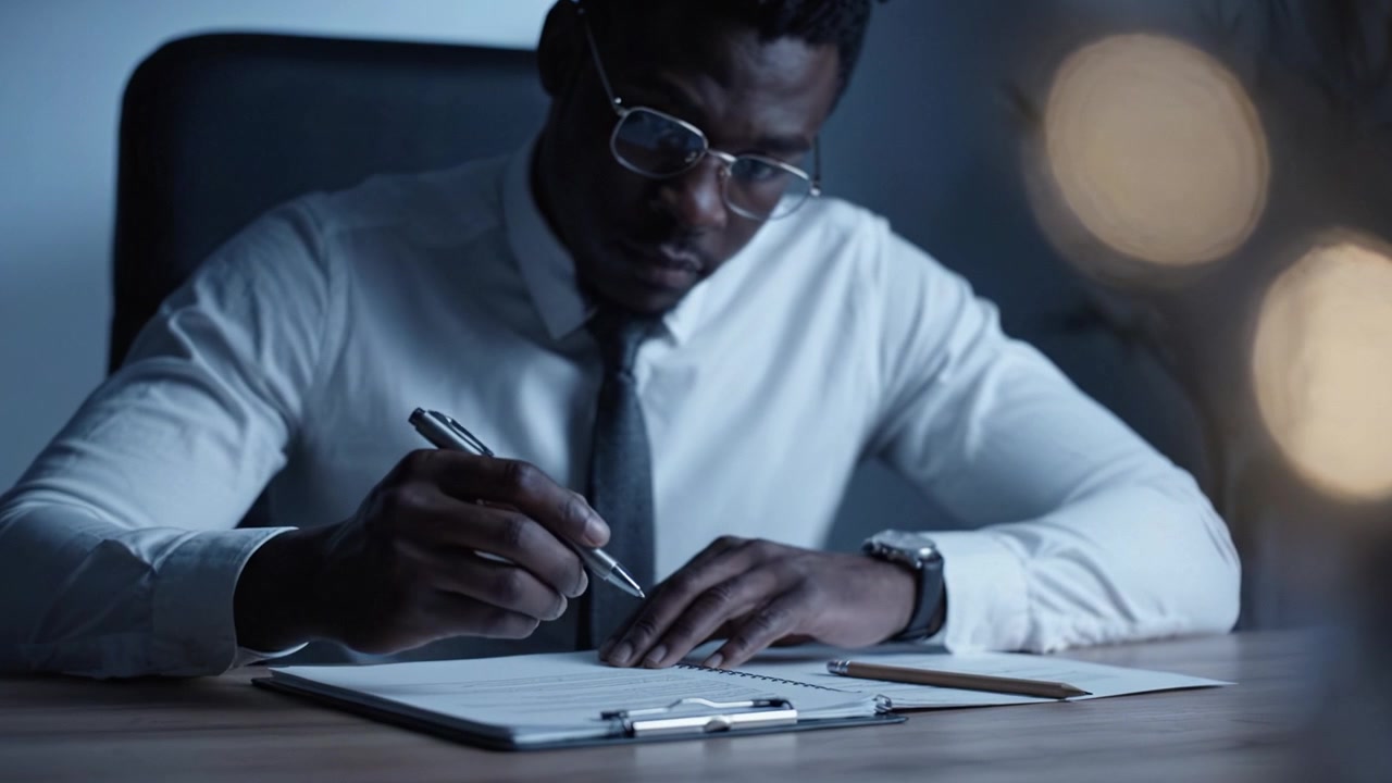 Focused Professional Writing at Desk in Low Light Setting with a Notepad and Pen Highlighting Concentration and Attention to Detail in Work Environment