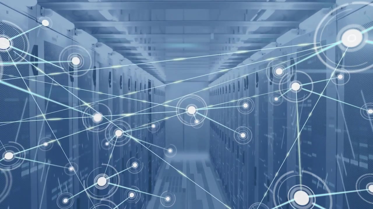 Orb appearing in aisle and emitting beams as nodes expanding representing data flow in racks