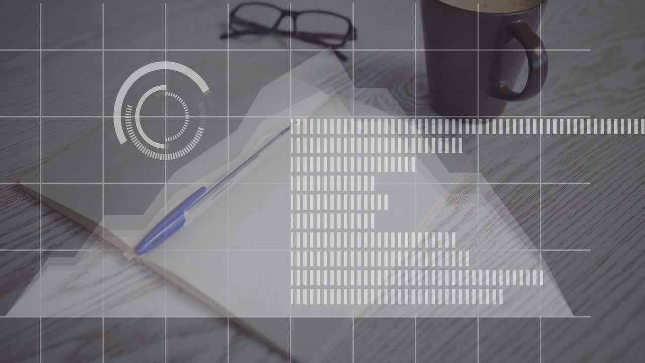 책, 펜, 안경 및 테이블 위의 커피 컵 위에 로딩 바와 원의 애니메이션