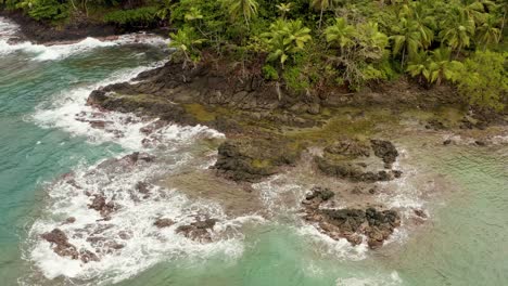 Panama-island-jungle-palm-tree-shoreline-wilderness,-waves-crashing-on-rocky-reef-close-up