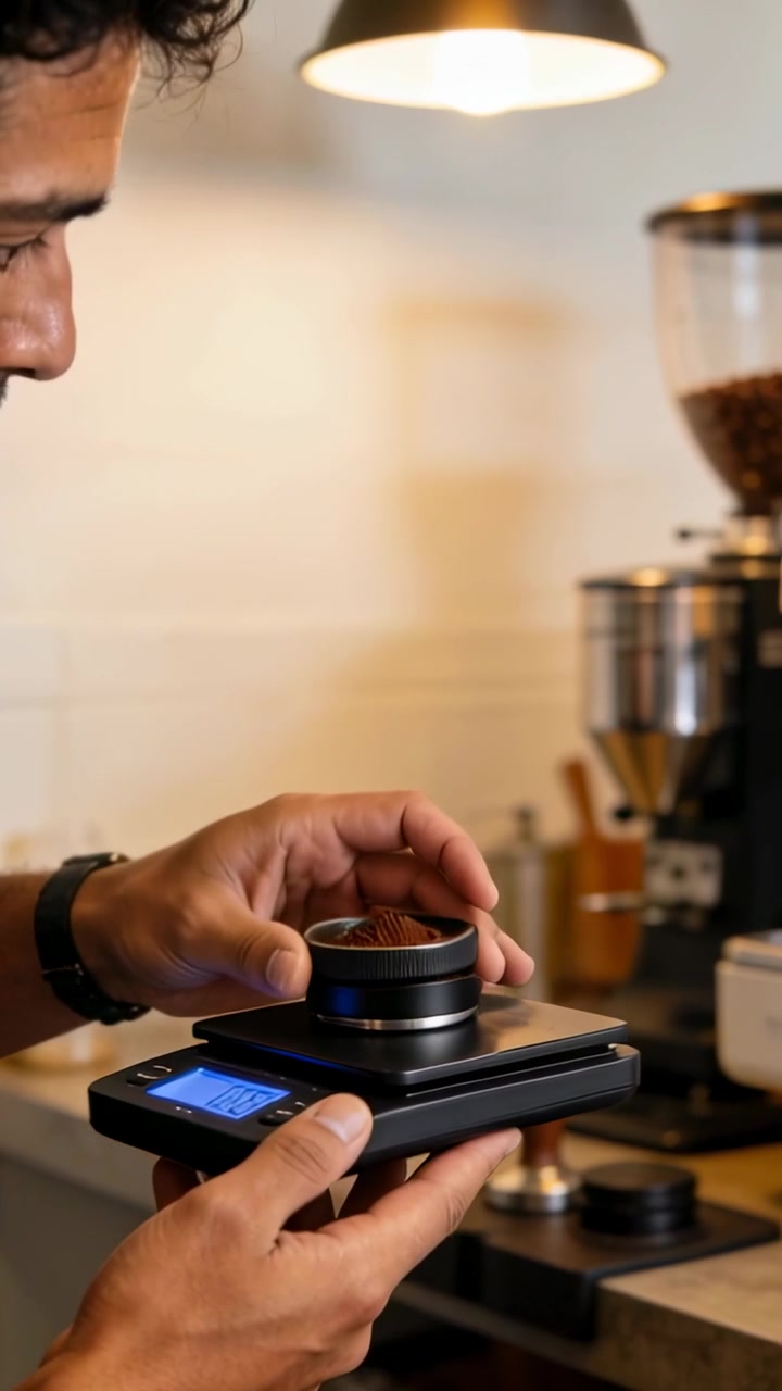 Video verticale: Barista con grembiule solleva il coperchio, livella il caffè su bilancia digitale per espresso