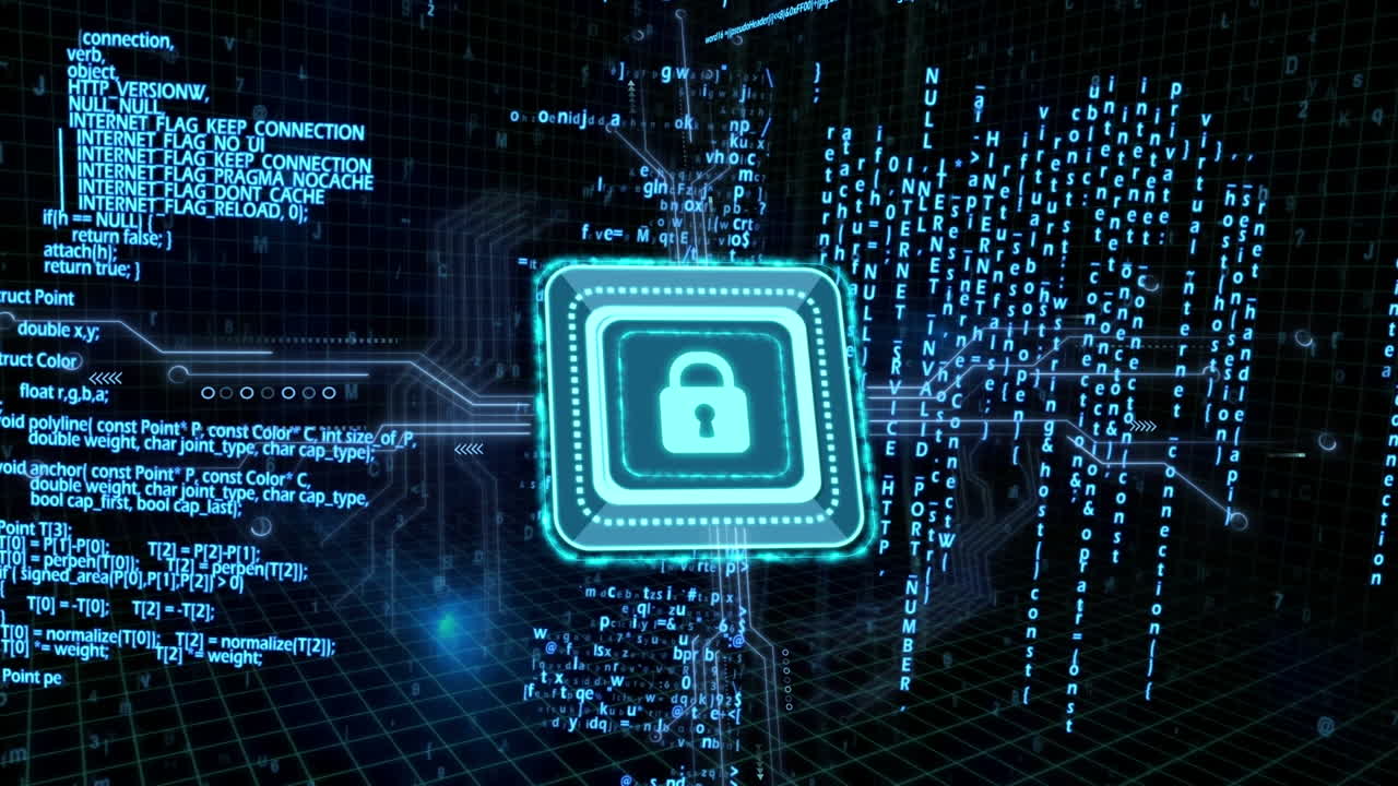 animación del procesamiento de datos con candado de seguridad en línea sobre una placa de circuitos informáticos