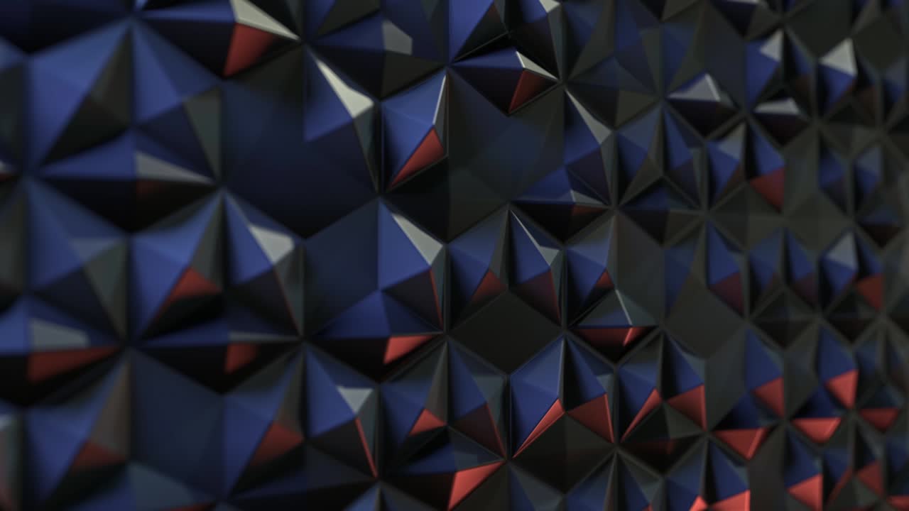 Abstract surface with convex triggers of dark colors for moving slowly, seamless loop. Stock animation. 3D background with geometric figures, light and shadow.