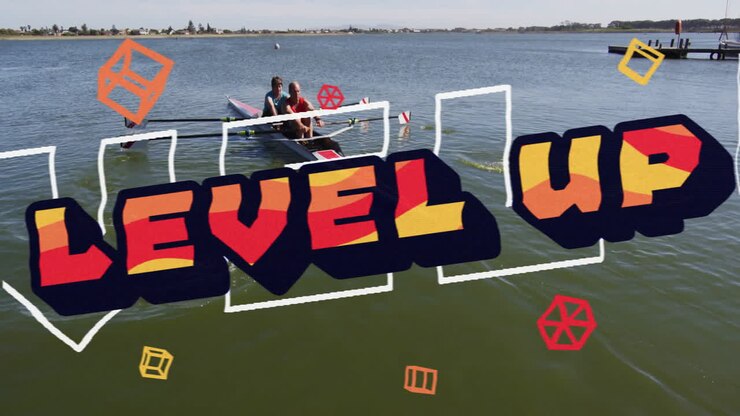 Senior rowers rowing in calm lake for health sector featuring LEVEL UP text and geometric shapes