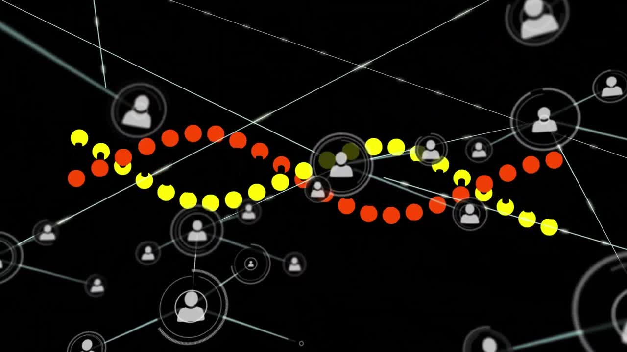 Animation of network of connections with icons over dna strand spinning on black background