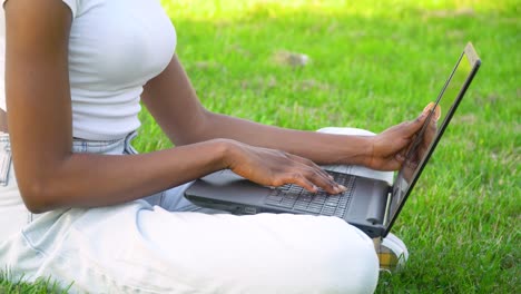 mujer afroamericana freelance trabajando en una computadora portátil en el parque. primer plano de manos femeninas. escribiendo en el teclado