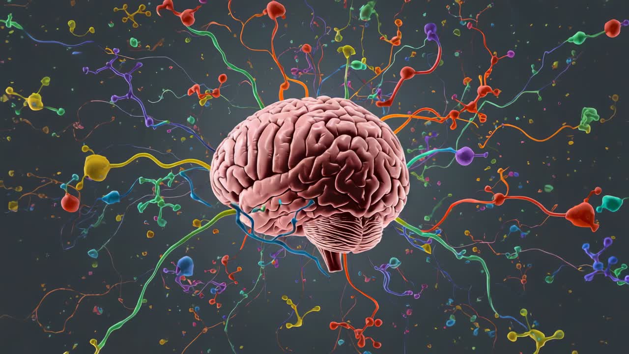 On playback start 3D brain sprouting neural filaments, rotating with synaptic specks in grey field