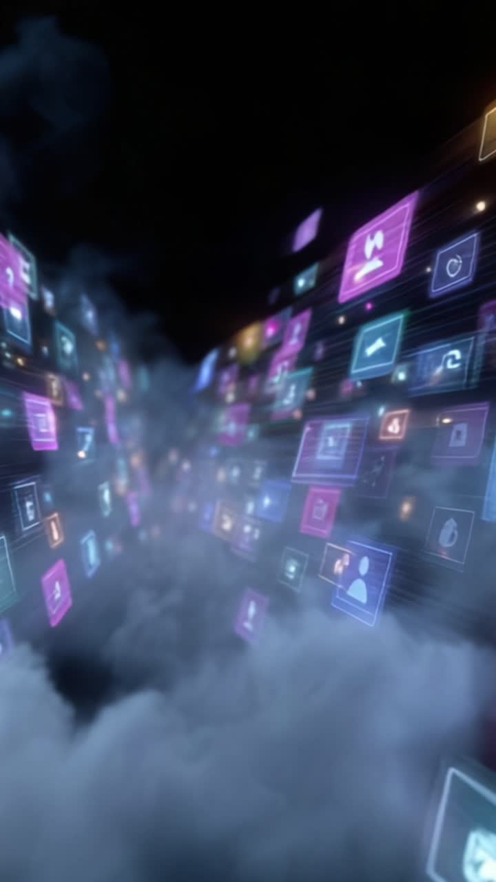 Un corridoio futuristico di icone digitali circondato da nuvole, che mostra vari simboli ed elementi di tecnologia e comunicazione in una visualizzazione vibrante.