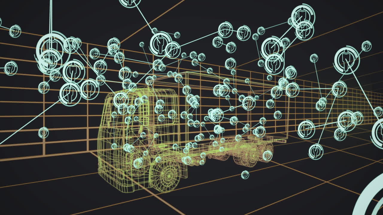 Digital wireframe of truck with network connections and data processing animation