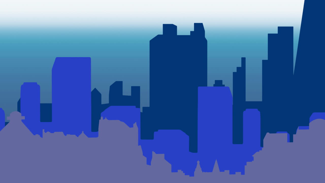 Animazione di una silhouette dello skyline che si muove su uno sfondo blu.