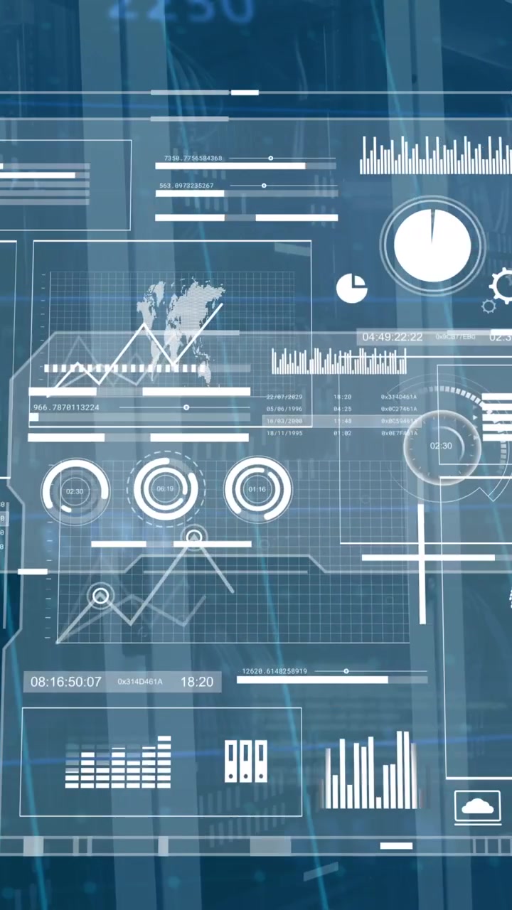 Animation of infographic hud screens moving over data storage systems in server room