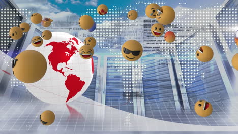 multiple face emojis floating over spinning globe and computer servers against clouds in sky