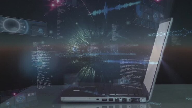 Animation of globe and data processing over man using laptop