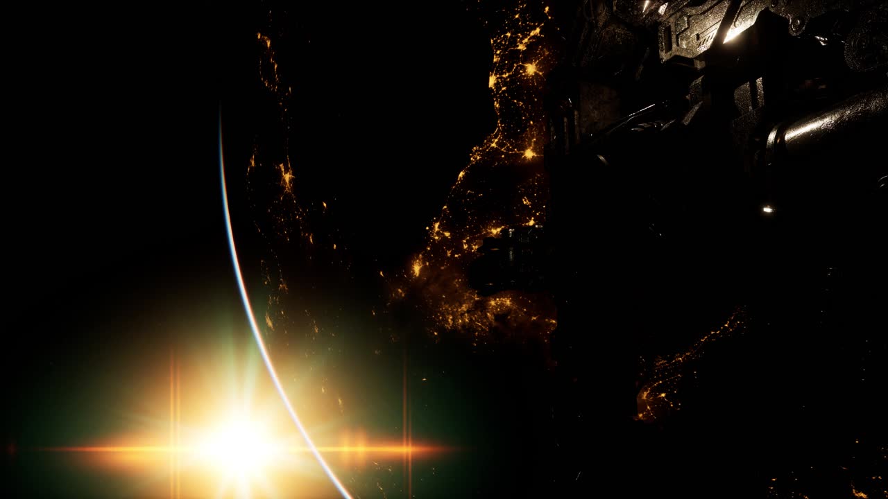 полет космической станции на фоне восходящего солнца