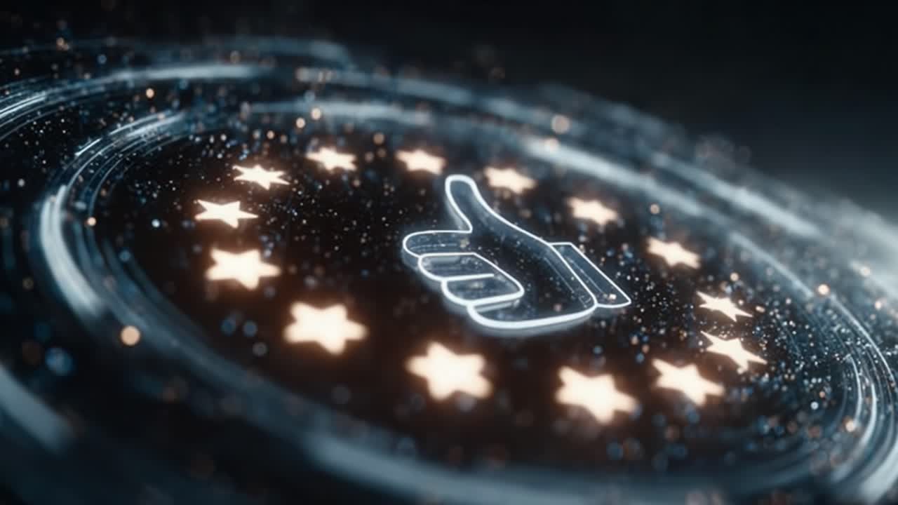 A Glimmering Digital Thumbs-Up Surrounded by Stars and Sparkles, Symbolizing Approval and Positive Feedback in a Modern Interface Design