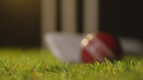 Cricket-Stillleben-Mit-Nahaufnahme-Von-Ball-Und-Schläger,-Die-Im-Gras-Vor-Stümpfen-Liegen-5