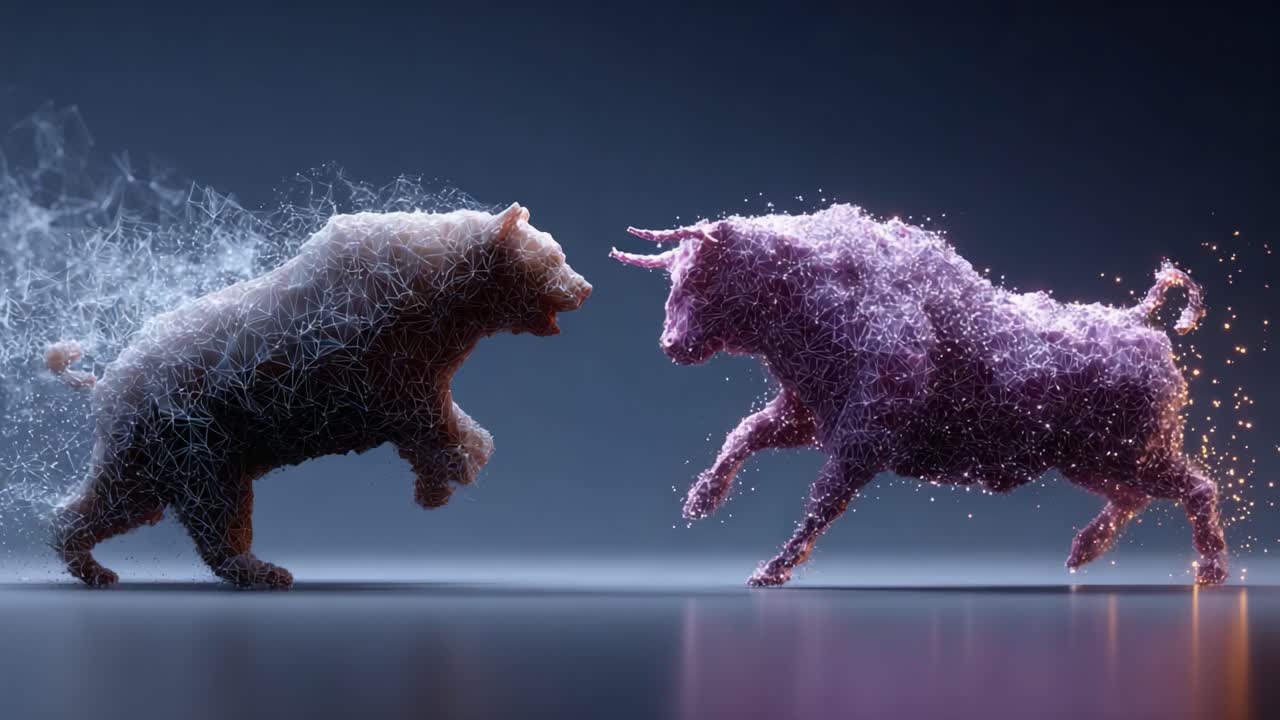 Dynamic Clash of Market Forces: A Visual Representation of Bull and Bear in Abstract Art, Highlighting the Tension Between Optimism and Pessimism in Financial Markets
