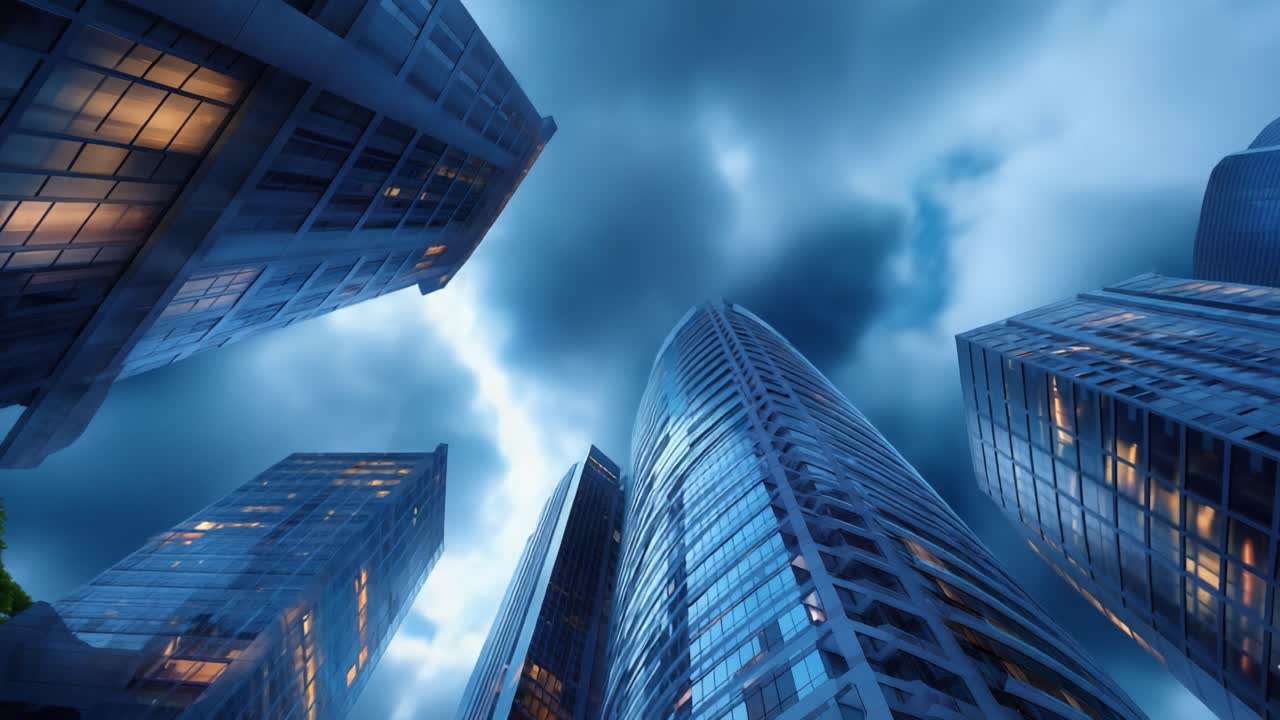 Un cielo drammatico su un'imponente architettura urbana: una vista affascinante di edifici moderni sotto un'atmosfera nuvolosa spettrale e ombre del crepuscolo