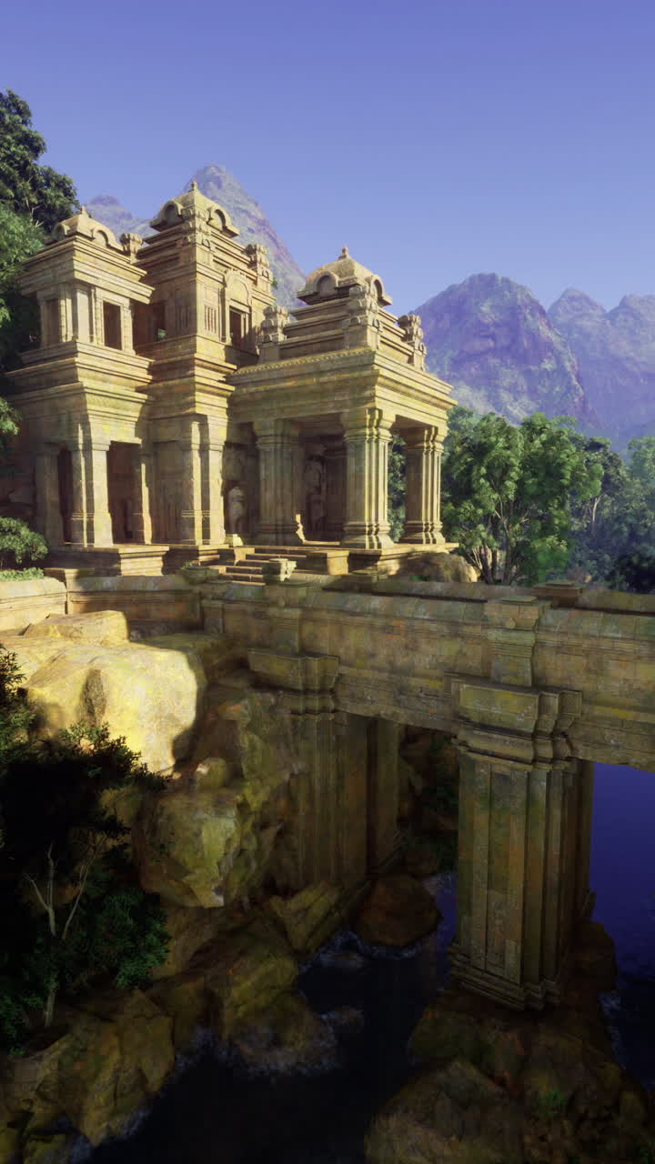 Ancient ruins amidst lush nature and mountains in serene landscape