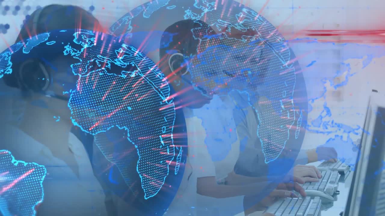animación del globo y el mapa del mundo sobre personas de negocios que usan auriculares de teléfono