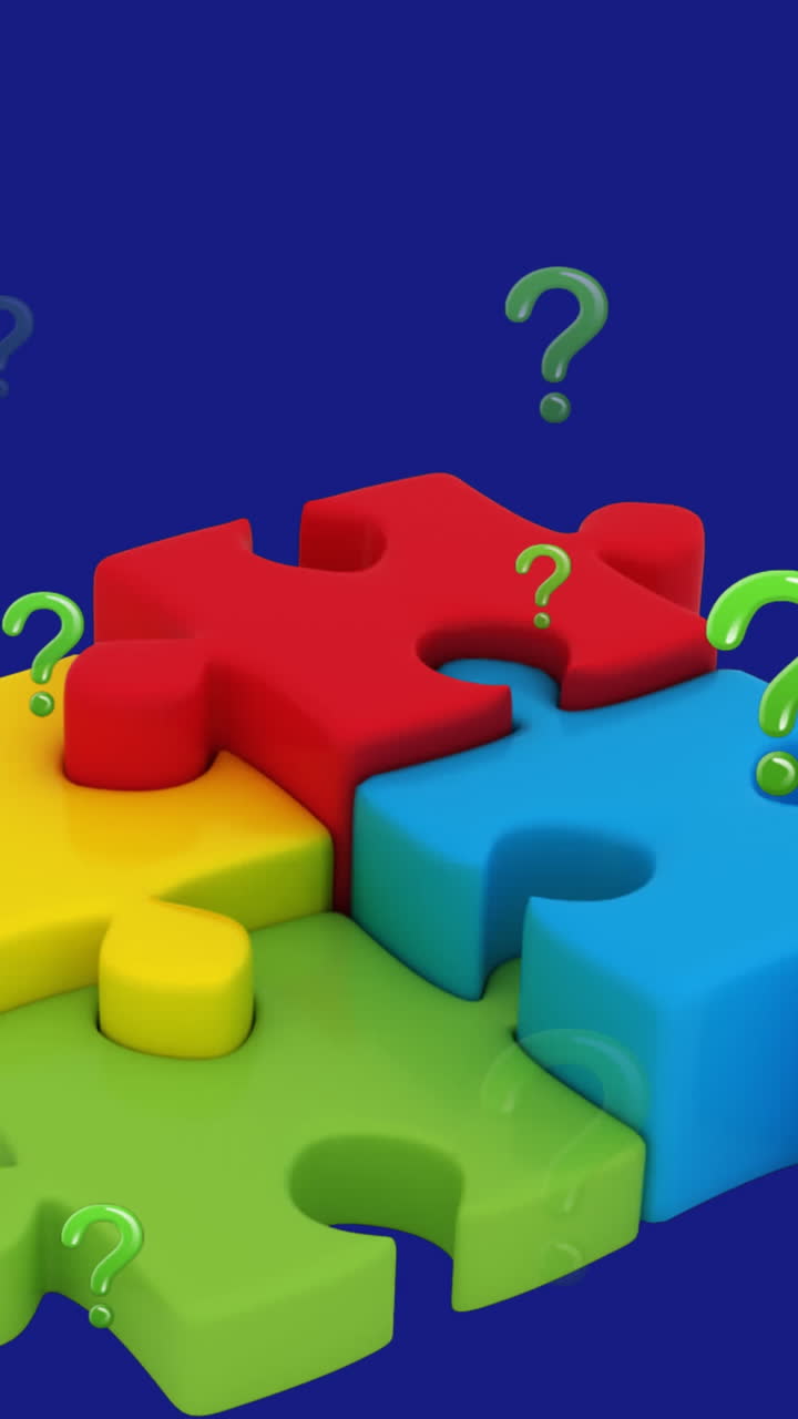 animación de signos de interrogación y rompecabezas sobre fondo violeta