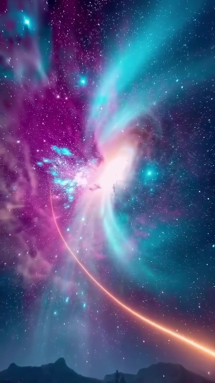 Nebulosa vibrante y arco resplandeciente sobre un paisaje alienígena