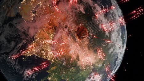 Planet Earth showing Asia from space with human brain and red digital network lines. Artificial intelligence and technological evolution concept for poster and wallpaper. vertical